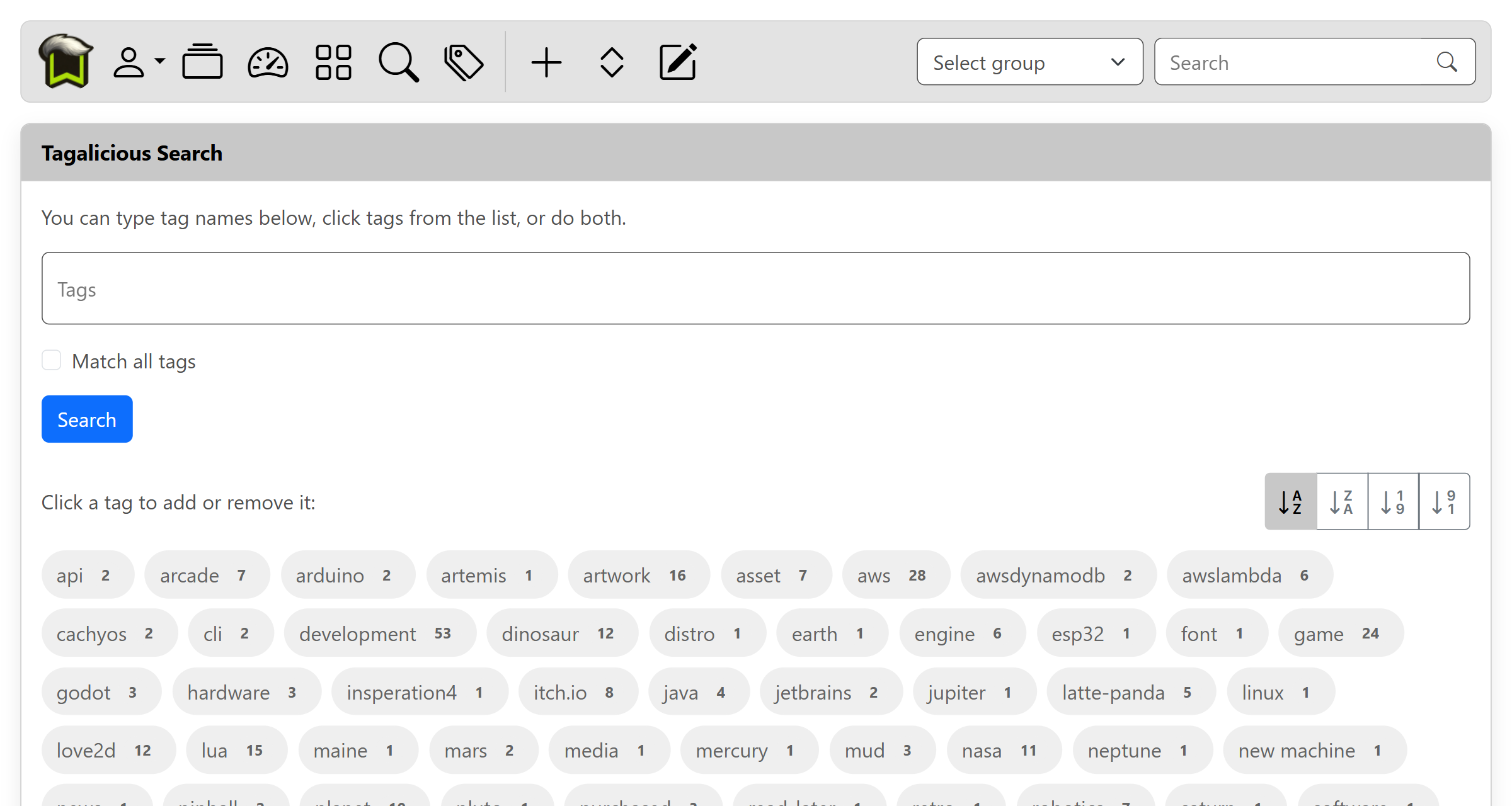 Tagalicious search showing tags